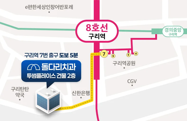 돌다리치과의원 약도 — 구리역 7번 출구 도보 5분 (투썸플레이스 건물 2층)